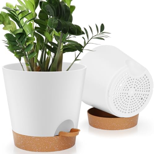 YNNICO 8-Inch Plant Pots, Self-Watering Planters with Drainage Holes & Saucers for Indoor and Outdoor Plants (2-Pack, White) by AFamilyofGardenLovers