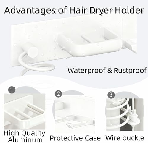 Hair Dryer Holder Wall Mounted Blow Dryer Holder Curling Iron Holder Straightener Holder 3 in 1 Bathroom Metal Hair Tool Organizer Rack (Pure White) - Image 2