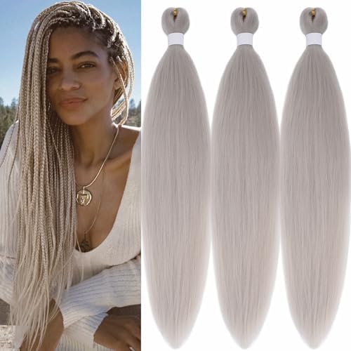 Grey Hair Extensions For Braiding 26 inch Silver Braiding Hair Pre Stretched Long Hypoallergenic Pre Sectioned Braiding Hair Knotless Crochet Braids Synthetic Hair Weave Bundles 3 Pack by UPerfeBeautyFashion