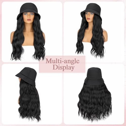 SEGO Cap with Hair Attached for Women Bucket Hat Wig Long Natural Wavy Hair Extensions With Hat Heat Resistant Synthetic Fiber Extensions 18 Inch 1B Natural Black - Image 4
