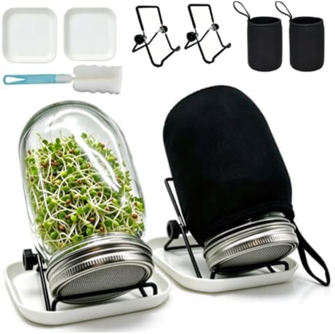 2Pack Sprouting Kit,1000ml Sprouting Jar with Mesh Lids and Stands, Microgreens Sprouts Growing Kit, Broccoli Sprouts Growing Kit Jars with Screen Lids,Blackout Sleeves, Tray by TOOWOOD