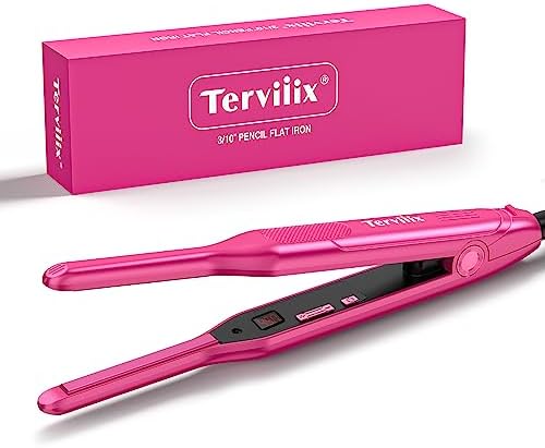 Terviiix Mini Flat Iron and Hair Straightener for Short Hair, Edges, and Pixie Cut - 3/10 Inch Skinny Pencil Straightener for Black Women's Baby Hair, LCD Digital Display, Dual Voltage, Pink by Terviiix