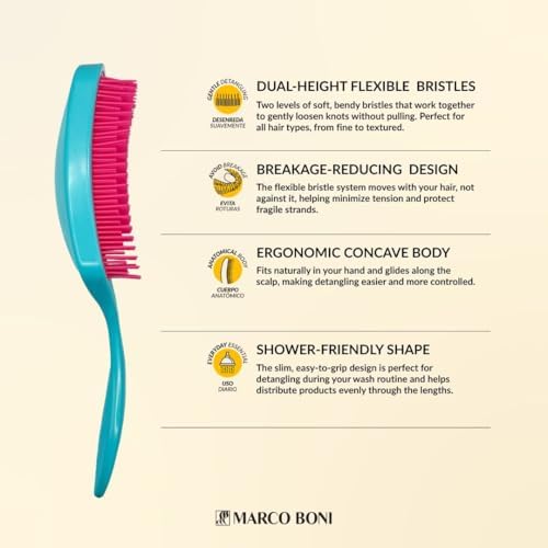 Marco Boni Free Flex Detangling Hair Brush, Flexible Hairbrush for Wet & Dry Hair, Pain-Free Detangler, Ergonomic Handle, All Hair Types, Noite Rosa - Image 3