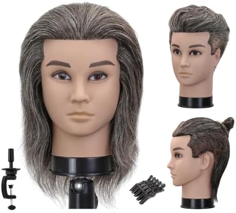 12 Inch Male Barber Mannequin Head, Salt Pepper Ash Gray White 100% Human Hair Training Head with Clamp Stand by WDQXCQA