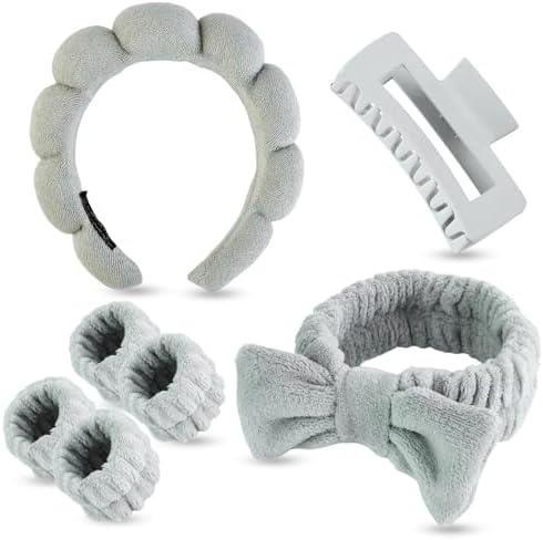 7 Pcs Spa Set, Facial Headband and Wristband Set, Skincare Accessories, College Style Girl Idea Gifts, Hair Accessories for Women and Girls（Grey） by Unknown