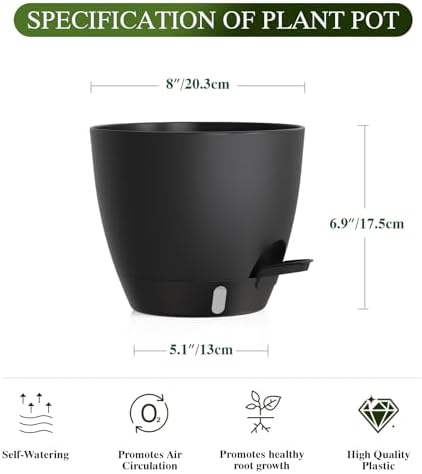 Self Watering Pots with Drainage Holes, 2 Pack 8 Inch Plant Pots with Water Level Indicator Deep Reservoir, Large Plastic Planter for Indoor Outdoor Plants - Black - Image 2