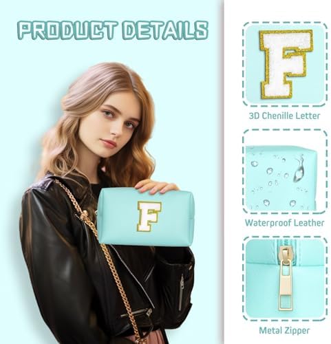 TOPEAST Preppy Makeup Bag, Small Cosmetic Travel Bags for Women, PU Leather Waterproof Toiletry Bag with Zipper, Personalized Birthday Gift for Women Girl, Preppy Gifts for Girl (Blue F) - Image 4