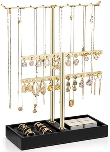 VLANDO 2 Tier Jewelry Stand Organizer with Tary, Leather Jewelry Holder Display for Women, Gold Jewlery Holder Stand for Necklace, Earring, Bracelet, Rings - Black by VLANDO