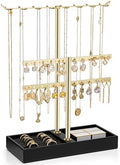 VLANDO 2 Tier Jewelry Stand Organizer with Tary, Leather Jewelry Holder Display for Women, Gold Jewlery Holder Stand for Necklace, Earring, Bracelet, Rings - Black by VLANDO