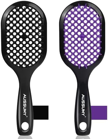 Vented Detangling Hair Brush - 2 Pack Detangler Hairbrush for Effortless Tangle Removal - Ultra-Soft Bristles -For Natural Curly Straight Wet Dry Damaged Hair for Women Men Kids - Black Purple by Aussumy