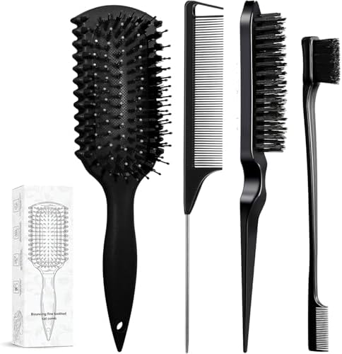 Curl Defining Brush, Curly Hair Brush Products With 3 Pcs Slick Back Hair Brush Set Bristle Brush Edge Control Teasing Comb for women (Black) by Unknown