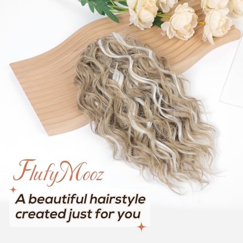 FLUFYMOOZ Ponytail Extension, 12" Short Claw Ponytail Extension Wavy Curly Jaw Clip in Pony tails Hair Extension Natural Synthetic Hairpiece for Women (Light Blonde with White Blonde Highlight) - Image 2
