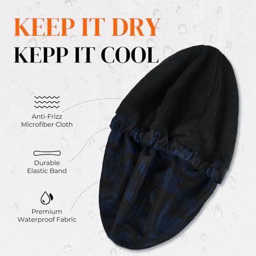 Shower Cap for Men Blue Camouflage Bath Cap, Reversible Large Waterproof Adjustable Shower Caps Terry Lining & Elastic Band Stretch Hem Hair Hat - Image 2