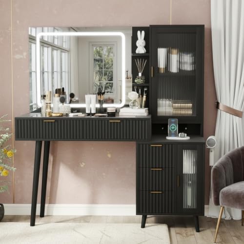Black Vanity Desk with Mirror and Lights, 49" Fluted Wood Makeup Vanity Table with Modern Glass Top, Charging Station, 5 Drawers, 2 Cabinet with Adjustable Shelves, Salon Station,Wood - Image 7