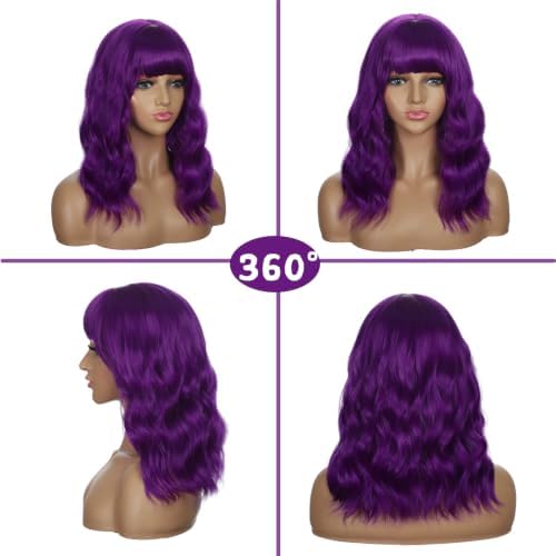 Sebast Pastel Bob Wigs with Bangs for Women Loose Wavy Wig Pastel Wavy Shoulder Length Bob Synthetic Cosplay Wig for Girl Colorful Costume Wigs (Violet) - Image 5