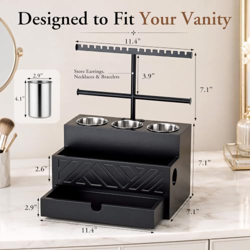 Xuhal Hair Tool Organizer Hair Dryer Holder, Headband Rack & Drawer, Black - Image 2