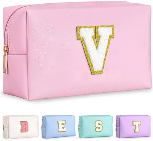 TOPEAST Initial Makeup Bags for Women, Personalized Portable Cosmetic Bag for Travel, Cute Makeup Pouch, PU Leather Waterproof Toiletry Bag, Preppy Things for Girl (Pink V) by TOPEAST