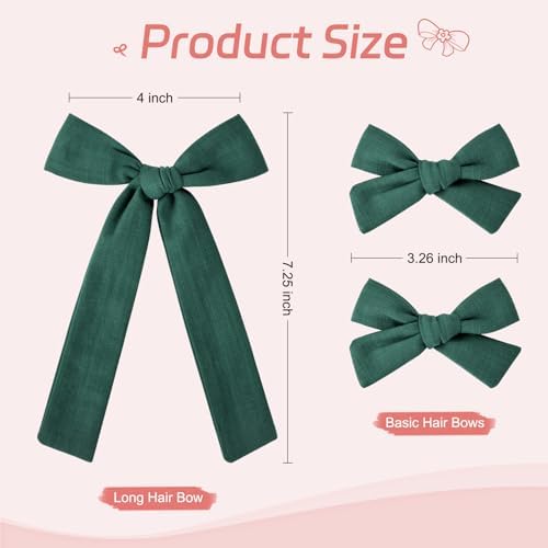 DEEKA Dark Green Cotton Linen Hair Bows 2 Sizes 5"&3.5" Soft Hair Bow set for Toddler Girls Long Ponytail Knot Bows Alligator Clip Hair Accessories for Little School Girls (Dark Green) - Image 3