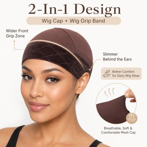 2 Pack Wig Grip Caps for Women Non Slip, 2-in-1 Modal Wig Cap with Velvet Grip Band & Silicone Grip, Hair-Friendly Short Hook Closure, Glueless Wig Cap for Lace Front Wigs, Fits 18.5-23 Inch - Image 3