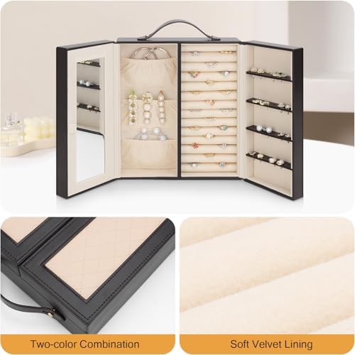 DesignSter Jewelry Box for Women, Jewelry Storage with Mirror, Travel Jewelry Organizer with Handle for Stud Earrings, Rings, Necklaces, Bracelets(Black Brown & Apricot) - Image 4