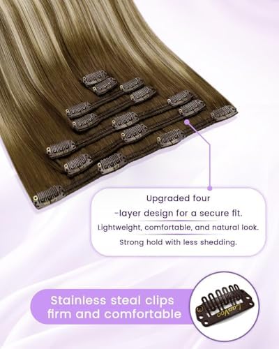 LaaVoo 135g Real Hair Extensions Clip in Human Hair Matte Dark Light Brown - Image 3