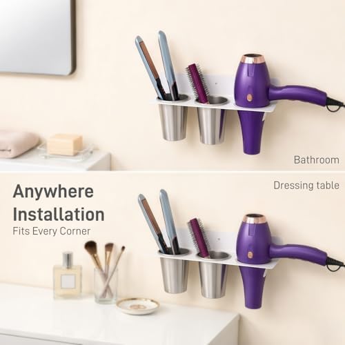 Hair Tool Organizer Wall Mount, Aluminum Alloy Curling Iron Holder Wall Mount, Hair Dryer and Straightener Holder with 2 Stainless Steel Cups 3-in-1 Storage for Bathroom Vanity Salon White PTALSEAW - Image 4