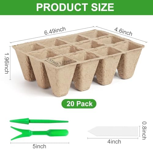 240 Cells Seed Thickened 12-Cell Peat Pots Seed Starter Kit - 20 Trays + Transplanting Tools & Plant Labels, Root-Friendly Seedling Cups for Vegetables Flowers Herbs Seed Starting - Image 2