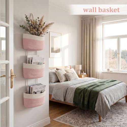 TeoKJ Over the Door Hanging Storage Basket 3 Tier Wall Organizer White&Pink - Image 3