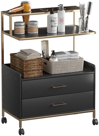 Salon Rolling Trolley with Lockable Wheels Gold Barber Cart by Waktavel