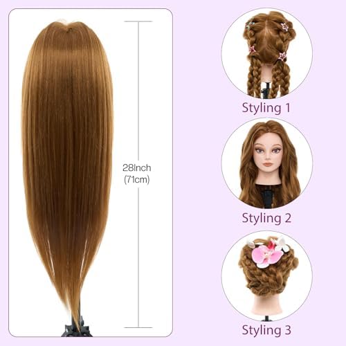 Mannequin Head 80% Human Hair with Tripod Stand, 28 Inch Makeup Cosmetology Manikin Head Braiding Mannequin Head with stand, Hairdressing Training Practice Doll Head for Hair Styling with Table Clamp - Image 6