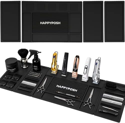 Magnetic Barber Mats for Clippers, Large 4-Piece Modular Barber Station Organizer with 5 Strong Magnets, Non-Slip Magnetic Tool Mat for Professional Barber Shop & Salon Accessories by HAPPYPOSH