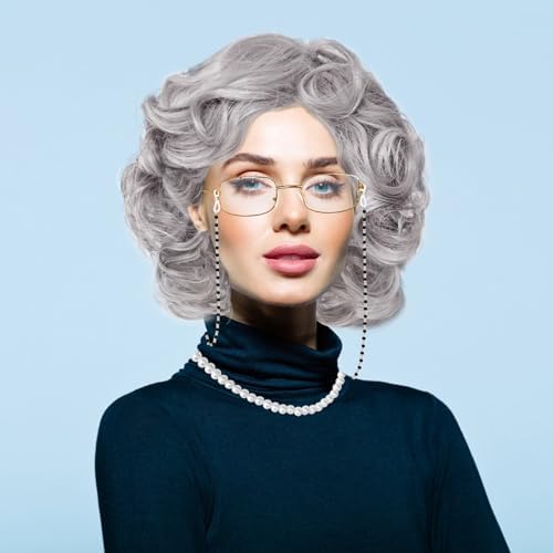 Rrshnsgv 5 Pcs Old Lady Wig and Accessories,Grey Grandma Wigs,Old Lady Wig Costume Set for Halloween Party,Old Woman Cosplay - Image 6