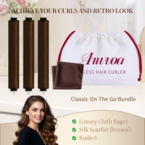 Heatless Hair Curler Heatless Curls Overnight Heatless Blowout with Luxury Cloth Bag Silk Scarf, Curling Rod Headband to Sleep in No Heat Curling with (Brown, 3Rods) - Image 5