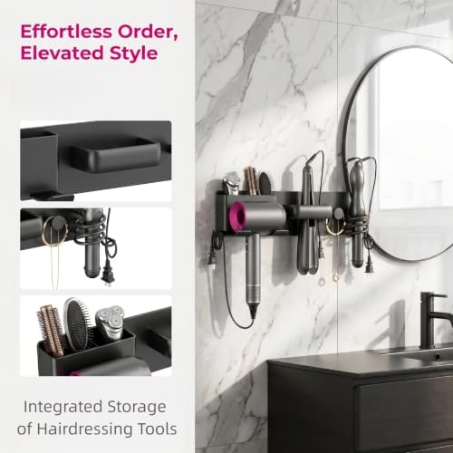 4-in-1 Hair Tool Organizer, Wall Mount Hair Dryer Holder, Black - Image 2