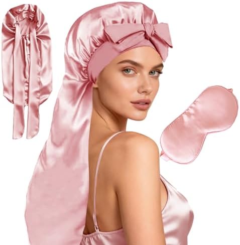 Womens 2Pcs Silk Satin Bonnet Long Hair Bonnets For Sleeping Silky Bonnet With Eye Mask Braids Curly Hairs Sleep Cap by WJingYiJia