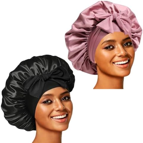 2PCS Silk Bonnet for Women, Satin Bonnet for Sleeping, Large Sleep Cap with Elastic Tie Band for Curly Hair (Bean Paste Pink+Black) by Unknown