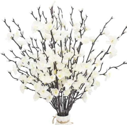 Artificial Cherry Flowers Branches 10PCS Silk Cherry Blossom Tree Stems Faux Cherry Flowers Vase Arrangements for Home Indoor Decoration Vase Table Living Room Bedroom Spring Decor (White) by Silinlu