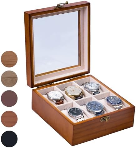 Watch Box, Watch Case for Men Women with Large Glass Lid, Wooden Watch Display Storage Box with 6 - Slots, Classic Walnut 6x2 Mens Watch Box Organizer by ExperCity