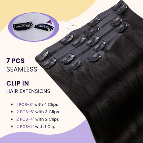 LaaVoo Seamless Clip in Hair Extensions Human Hair Black Pu Weft Clip in Human Hair Extensions Natural Black Seamless Hair Extension Clip ins Invisible 14 Inch 7pcs/110g - Image 4