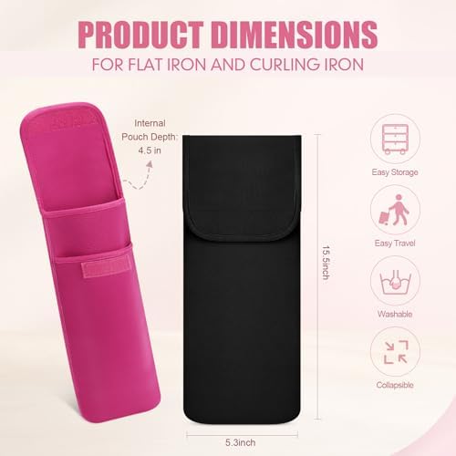 Shappy 2 Pieces Curling Iron Travel Bag Hair Tools Organizer Bag Heat-resistant Storage Pouch Case for Flat Irons Styling Tools Straightener(Black, Rose Red) - Image 3
