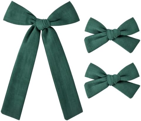 DEEKA Dark Green Cotton Linen Hair Bows 2 Sizes 5"&3.5" Soft Hair Bow set for Toddler Girls Long Ponytail Knot Bows Alligator Clip Hair Accessories for Little School Girls (Dark Green) by DEEKA