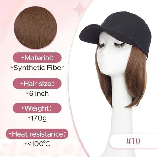 SEGO Baseball Cap with Hair Extensions for Women Heat Resistant Synthetic 6" Adjustable Short Straight Hairpiece Replacement Wigs in Black Hat for Girls 10A Light Brown - Image 5