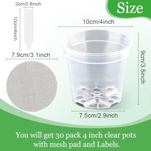 4 Inch Clear Nursery Pots for Plants, Plastic Plant Pot with Drainage Holes, Sturdy Seed Starter Pots, Small Transparent Seedling Pots with Plant Labels and Soil Screens, Gardening Gifts(30 Pack) - Image 2