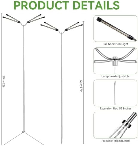 Grow Lights for Indoor Plants Full Spectrum,15-62 Inches Height Adjustable Dsektop and Standing Plant Growing Lights with Detachable Tripod Stand for Large and Small Plants, Auto On/Off Timer - Image 3