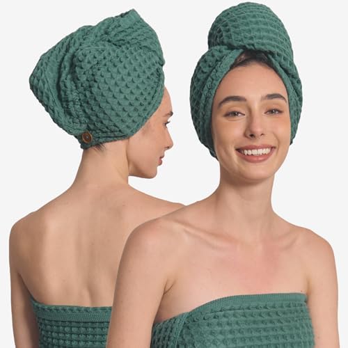 Luxury Organic Japanese Cotton Hair Drying Waffle Towel Wrap for Women | Absorbent, Quick-Dry Head Turban for Shower, Sauna, Spa | Extra Large for Long, Curly, Straight Hair With Button (Green, 1 Pc) by KOSMU
