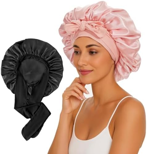 2 Pcs Large Satin Silk Bonnet for Sleeping Women, Adjustable Hair Bonnets with Tie Band, Silk Bonnet Sleep Cap for All Hair by KEPUWAY