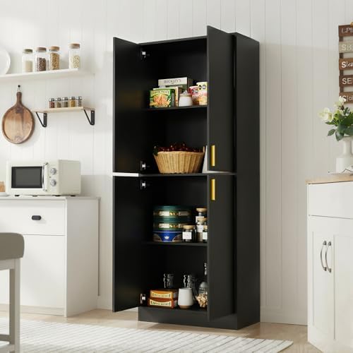 Cozy Castle Kitchen Pantry Cabinet, 71" Tall Wood Storage Cabinet with Doors and Shelves 4 Doors Freestanding Cupboard for Dining Room Living Room Furniture, Black - Image 3