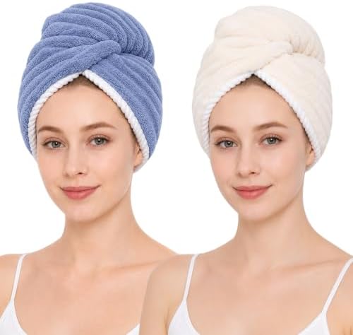 2 Pack Microfiber Hair Towel Wraps, Quick Dry Turbans, White & Blue by Unknown
