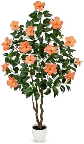 Briful Artificial Hibiscus Tree 5.25ft Tall Real Touch Fake Tree with Orange Flowers Potted Faux Plant Indoor Realistic Floor Plants for Front Porch Outdoor Home, Patio Decor by Briful