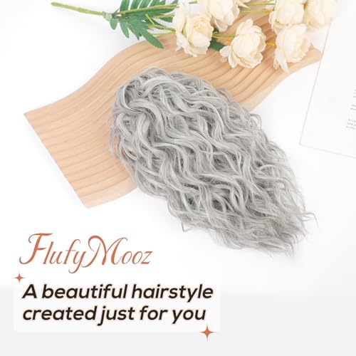 Flufymooz Ponytail Extension, 12" Short Claw Ponytail Extension Wavy Curly Jaw Clip in Pony tails Hair Extension Natural Synthetic Hairpiece for Women (Grey/Silver/White Mixed) - Image 2